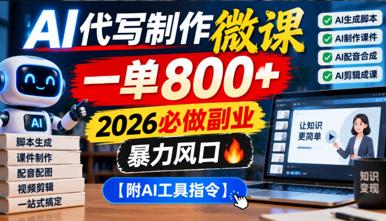 AI代写制作微课,一单800+,2026必做副业,暴力风口【附AI工具指令】【揭秘】-777网创网