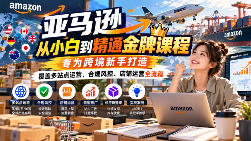亚马逊从小白到精通金牌课程,专为跨境新手打造,覆盖多站点运营、合规风控、店铺运营全流程-777网创网
