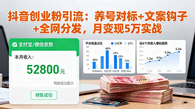 抖音创业粉引流:养号对标+文案钩子+全网分发,月变现5万实战-777网创网