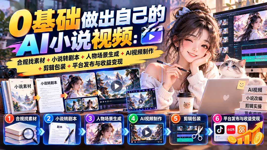 （20741期）0基础做出自己的AI小说视频：合规找素材+小说转剧本+人物场景生成+AI视频制作+剪辑包装+平台发布与收益变现-777网创网