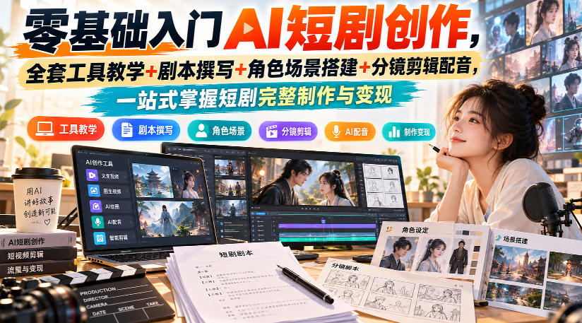 零基础入门AI短剧创作,全套工具教学+剧本撰写+角色场景搭建+分镜剪辑配音,一站式掌握短剧完整制作与变现-777网创网