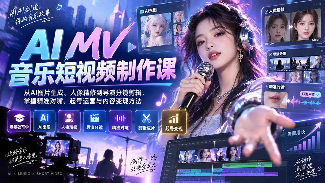 (20364期)AI MV音乐短视频制作课:从AI图片生成、人像精修到导演分镜剪辑,掌握精准对嘴、起号运营与内容变现方法-777网创网