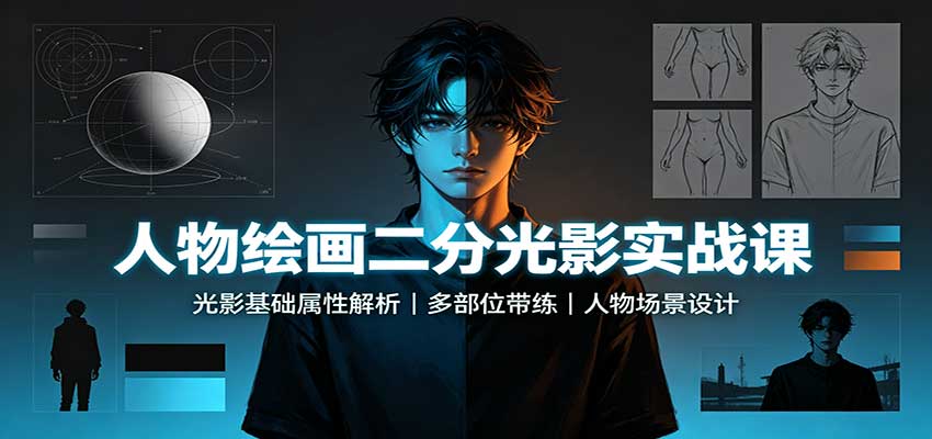 人物绘画二分光影实战课：光影基础属性解析，多部位带练，人物场景设计-777网创网