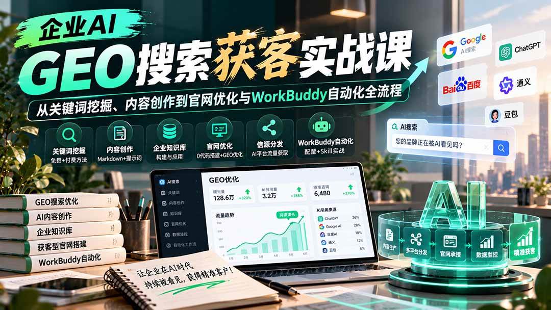(20643期)企业AI GEO搜索获客实战课:从关键词挖掘、内容创作到官网优化与WorkBuddy自动化全流程-777网创网