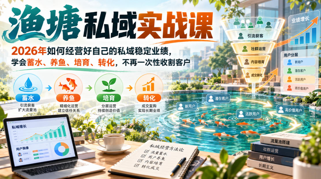 渔塘私域实战课,2026年如何经营好自己的私域稳定业绩,学会蓄水、养鱼、培育、转化,不再一次性收割客户-777网创网