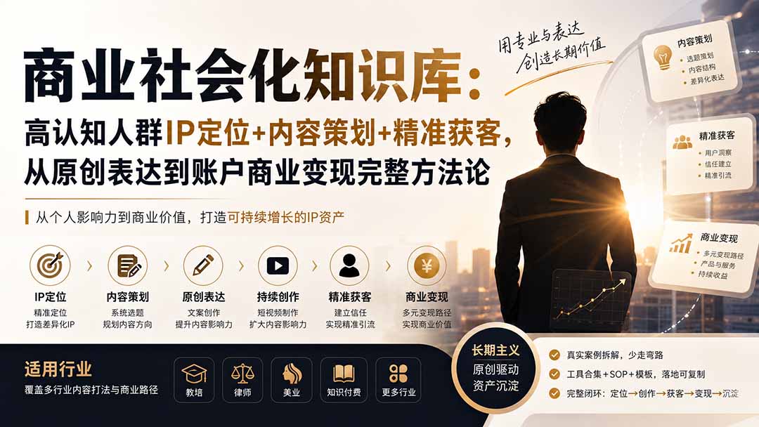 商业社会化知识库：高认知人群IP定位+内容策划+精准获客，从原创表达到账户商业变现完整方法论-777网创网