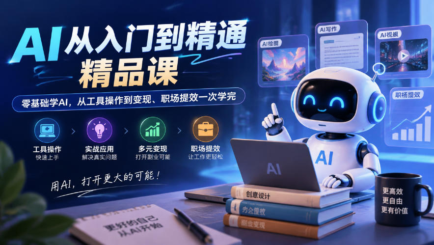 AI从入门到精通精品课,零基础学AI,从工具操作到变现、职场提效一次学完-777网创网