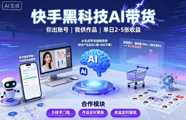 快手黑科技AI带货，你提供账号，我提供作品并发布，单日2-5张【揭秘】-777网创网