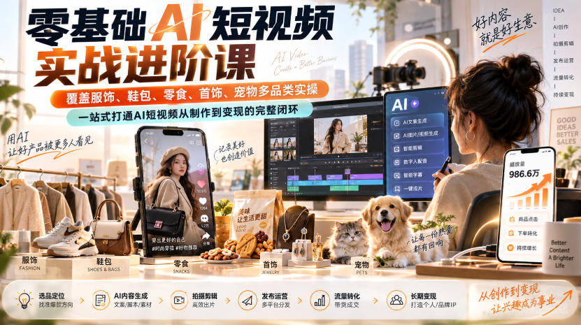 零基础AI短视频实战进阶课,覆盖服饰、鞋包、零食、首饰、宠物多品类实操,一站式打通AI短视频从制作到变现的完整闭环-777网创网