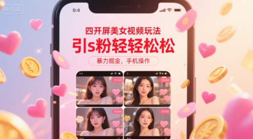 四开屏美女视频玩法,引s粉轻轻松松,暴力掘金,手机操作【揭秘】