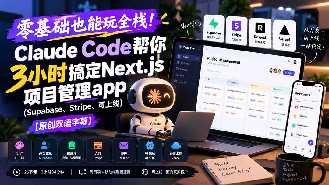 （20907期）零基础也能玩全栈！Claude Code帮你3小时搞定Next.js项目管理app（Supabase、Stripe、可上线）【原创双语字幕】-777网创网