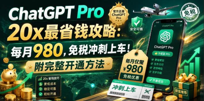 (18790期)ChatGPT Pro 20x 最省钱攻略:每月980,免税冲刺上车!附完整开通方法-777网创网