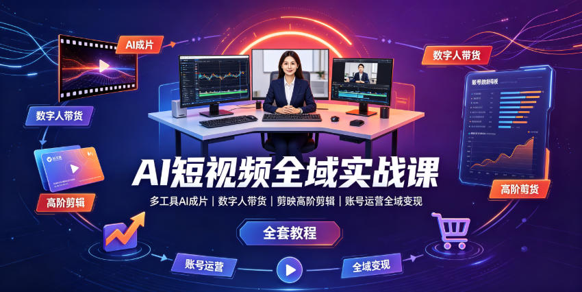 AI短视频全域实战课｜多工具AI成片、数字人带货、剪映高阶剪辑、账号运营全域变现全套教程-777网创网