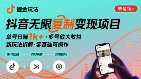 抖音掘金新玩法 单号1k+可以无限复制的项目-777网创网